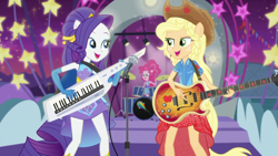 Size: 1920x1080 | Tagged: safe, imported from derpibooru, screencap, applejack, pinkie pie, rarity, equestria girls, equestria girls series, rollercoaster of friendship, bass guitar, drums, keytar, microphone, musical instrument, shipping fuel