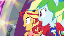 Size: 1920x1080 | Tagged: safe, imported from derpibooru, screencap, rainbow dash, sunset shimmer, equestria girls, equestria girls series, rollercoaster of friendship, female, microphone