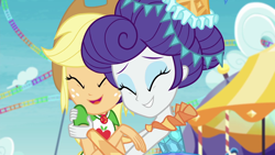 Size: 1920x1080 | Tagged: safe, imported from derpibooru, screencap, applejack, rarity, equestria girls, equestria girls series, rollercoaster of friendship, carousel dress, cute, raribetes, shipping fuel