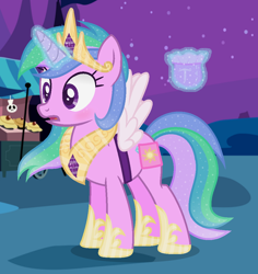 Size: 1004x1064 | Tagged: safe, artist:razorbladetheunicron, imported from derpibooru, amethyst star, princess celestia, sparkler, pony, unicorn, lateverse, alternate universe, bag, base used, clothes, cosplay, costume, crown, cutie mark, fake cutie mark, fake wings, female, gem, gradient mane, hoof shoes, levitation, magic, mare, nightmare night, nightmare night costume, peytral, regalia, shoes, show accurate, solo, sparkly mane, telekinesis