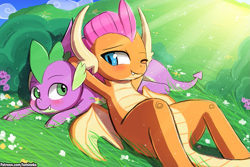 Size: 1125x750 | Tagged: safe, artist:lumineko, imported from derpibooru, smolder, spike, dragon, father knows beast, adorable face, blushing, bright, crepuscular rays, cute, dragoness, fangs, female, grass, happy, horns, leaning back, light, looking at each other, lying on top of someone, male, on back, one eye closed, prone, shipping, smiling, smolderbetes, spikabetes, spolder, spread wings, straight, winged spike, wings