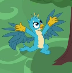 Size: 409x416 | Tagged: safe, imported from derpibooru, screencap, gallus, what lies beneath, arms spread out, chest fluff, claws, cropped, cute, gallabetes, galluree, male, paws, smiling, solo, spread wings, tree, wings