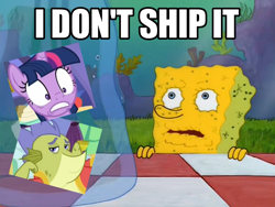 Size: 794x598 | Tagged: safe, edit, edited screencap, imported from derpibooru, screencap, sludge (dragon), twilight sparkle, alicorn, dragon, father knows beast, anti-shipping, bedroom eyes, i don't need it, image macro, meme, shipping, shipping fuel, shocked expression, sludge (g4), spongebob squarepants, spongebob squarepants (character), spongetwi, tea at the treedome, text, twilight sparkle (alicorn), twisludge