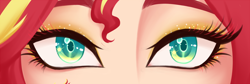 Size: 1600x536 | Tagged: safe, artist:emberfan11, imported from derpibooru, sunset shimmer, human, equestria girls, alternative cutie mark placement, close-up, female, human coloration, persona eyes, solo