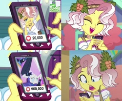 Size: 788x651 | Tagged: safe, edit, edited screencap, imported from derpibooru, screencap, rarity, vignette valencia, equestria girls, equestria girls series, rollercoaster of friendship, the other side, beauty mark, cellphone, female, flower, flower in hair, hashtag bangs, holly, meme, phone, smartphone