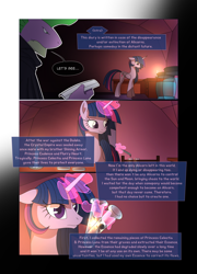 Size: 1024x1426 | Tagged: safe, artist:gashiboka, imported from derpibooru, spike, twilight sparkle, alicorn, dragon, pony, comic:the origin, adult, adult spike, book, candle, cloak, clothes, comic, female, mare, older, older spike, twilight sparkle (alicorn)