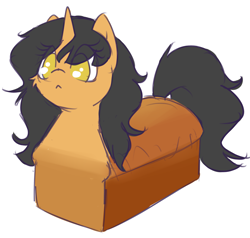 Size: 2737x2601 | Tagged: safe, artist:rivibaes, imported from derpibooru, oc, oc only, oc:rivibaes, bread pony, food pony, original species, pony, unicorn, :<, bread, cheek fluff, cute, female, food, mare, no pupils, ocbetes, ponified, simple background, solo, wat, white background, wide eyes