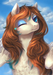 Size: 1060x1500 | Tagged: safe, artist:catofrage, imported from derpibooru, oc, oc only, oc:amora bunny, pegasus, pony, chest fluff, commission, digital art, ear fluff, eyeshadow, female, looking at you, makeup, mare, one eye closed, solo, spread wings, wings, wink, ych result