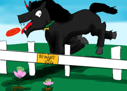 Size: 1400x1000 | Tagged: safe, artist:horsesplease, imported from derpibooru, king sombra, behaving like a dog, cherry blossoms, derp, fence, flower, flower blossom, frisbee, monster, nightmare fuel, paint tool sai, smiling, sombra dog, this will end in pain, tripping, walking flower, year of the dog