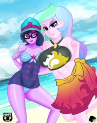 Size: 1616x2048 | Tagged: safe, artist:aboimages03, artist:minusclass, imported from derpibooru, princess celestia, sci-twi, twilight sparkle, equestria girls, equestria girls series, beach, breasts, busty princess celestia, clothes, clothes swap, collaboration, duo, female, hat, implied sunset shimmer, principal celestia, sarong, swimsuit, swimsuit swap