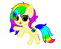 Size: 1562x1258 | Tagged: safe, artist:lucill-dreamcatcher, imported from derpibooru, oc, oc only, oc:rainbowtashie, earth pony, pony, chibi, cute, female, mare, open mouth, ponysona, rainbow hair, signature, simple background, smiling, solo, transparent background