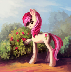 Size: 2000x2052 | Tagged: safe, alternate version, artist:dearmary, imported from derpibooru, roseluck, earth pony, pony, beautiful, commissioner:doom9454, cute, cuteluck, female, flower, looking at you, mare, rosabetes, rose, smiling, solo