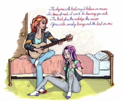 Size: 1280x1046 | Tagged: safe, artist:manly man, imported from derpibooru, starlight glimmer, sunset shimmer, human, equestria girls, beanie, bed, bedroom, clothes, female, guitar, hat, human coloration, ink, jacket, leather jacket, lesbian, lyrics, markers, rapping, shimmerglimmer, shipping, socks, text, traditional art, vest