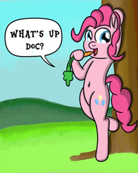 Size: 2400x3000 | Tagged: safe, artist:saburodaimando, imported from derpibooru, pinkie pie, earth pony, pony, bugs bunny, carrot, cute, diapinkes, female, food, looney tunes, mare, solo, what's up doc