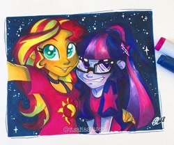 Size: 640x532 | Tagged: safe, artist:antych, imported from derpibooru, sci-twi, sunset shimmer, twilight sparkle, equestria girls, equestria girls series, spring breakdown, spoiler:eqg series (season 2), alternate clothes, alternate costumes, cute, cutie mark accessory, cutie mark on clothes, female, markers, night, selfie, traditional art, twiabetes