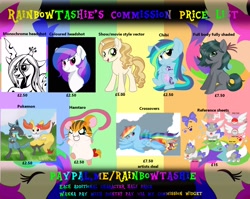 Size: 1880x1500 | Tagged: safe, artist:rainbowtashie, imported from derpibooru, queen chrysalis, rainbow dash, sweet biscuit, oc, oc:everfree, oc:rainbowtashie, oc:siriusdusk, commission info, hamtaro, pokémon