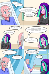 Size: 1050x1575 | Tagged: safe, artist:jake heritagu, imported from derpibooru, aria blaze, oc, oc:smooth tone, comic:aria's archives, comic:nursing home, equestria girls, chair, clothes, comic, curtains, dialogue, female, hoodie, male, mother and son, offspring, parent:aria blaze, speech bubble, window