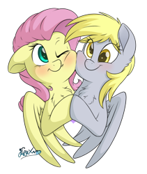 Size: 1600x1900 | Tagged: safe, artist:fluffyxai, imported from derpibooru, derpy hooves, fluttershy, pegasus, pony, blushing, bust, cheek squish, cheek to cheek, chest fluff, cute, derpabetes, derpyshy, female, holding hooves, lesbian, rubbing cheeks, shipping, shyabetes, simple background, smiling, spread wings, squishy cheeks, transparent background, wings