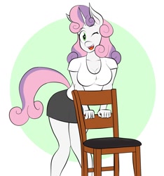 Size: 1403x1502 | Tagged: safe, artist:matchstickman, imported from derpibooru, sweetie belle, anthro, breasts, chair, clothes, cute, female, legs, looking at you, miniskirt, older, one eye closed, shirt, simple background, skirt, solo, t-shirt, wink