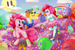 Size: 1280x849 | Tagged: safe, artist:jeglegator, imported from derpibooru, pinkie pie, earth pony, pony, equestria girls, balloon, blue eyes, cloud, confetti, cutie mark, cutie mark on clothes, female, happy, human ponidox, mare, pink hair, pink mane, pinkie's mindspace, ponk, rainbow, running, self ponidox, signature, stars, streamers, sun, this will end in fun