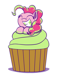 Size: 1280x1707 | Tagged: safe, artist:flutterluv, imported from derpibooru, pinkie pie, earth pony, pony, cupcake, cute, diapinkes, eyes closed, female, food, mare, pinkie pie appreciation day, simple background, smiling, solo, transparent background