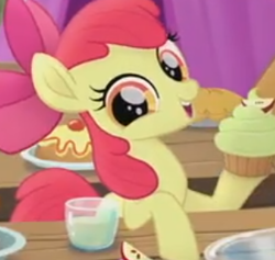 Size: 301x285 | Tagged: safe, imported from derpibooru, screencap, apple bloom, pony, my little pony: the movie, cropped, cupcake, female, food, solo