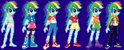 Size: 1600x651 | Tagged: safe, artist:nico495, imported from derpibooru, rainbow dash, equestria girls, boots, boyshorts, bra, clothes, compression shorts, converse, crop top bra, female, gray underwear, panties, pants, pixel art, shoes, shorts, skirt, sneakers, socks, solo, sprite, underwear