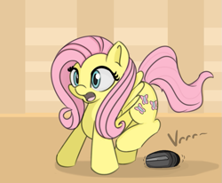 Size: 725x597 | Tagged: safe, artist:treekickerdraws, imported from derpibooru, fluttershy, pegasus, pony, adorable distress, cute, female, mare, open mouth, roomba, roombashy, shyabetes, solo, startled, surprised, vrrr, wings