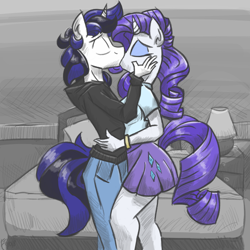 Size: 1200x1200 | Tagged: safe, artist:flutterthrash, imported from derpibooru, rarity, oc, oc:lexus the unicorn, anthro, unicorn, anthro oc, bed, bedroom, canon x oc, clothes, commission, denim, equestria girls outfit, eyes closed, eyeshadow, female, hoodie, jeans, kissing, makeup, male, mare, mascara, pants, shipping, skirt, stallion, straight