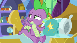 Size: 1280x720 | Tagged: safe, imported from derpibooru, screencap, spike, dragon, father knows beast, male, pillow, solo, throw pillow, winged spike, wings