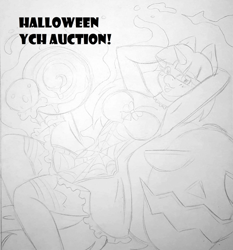 Size: 700x752 | Tagged: safe, artist:imaranx, imported from derpibooru, oc, oc only, oc:pencil sketch, pony, unicorn, arm behind head, armpits, auction, candy, clothes, commission, cute, dress, food, for sale, halloween, holiday, lollipop, pencil drawing, pumpkin, random pony, sketch, skirt, solo, traditional art, your character here