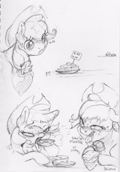 Size: 2236x3188 | Tagged: safe, artist:dilarus, deleted from derpibooru, imported from derpibooru, applejack, pinkie pie, earth pony, pony, ahegao, applepie, dialogue, female, food, heart, lesbian, monochrome, onomatopoeia, open mouth, shipping, suggestive eating, the many faces of applejack, traditional art