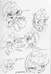 Size: 2245x3271 | Tagged: safe, artist:dilarus, deleted from derpibooru, imported from derpibooru, applejack, pinkie pie, earth pony, pony, ahegao, applejack's hat, blushing, comic, cowboy hat, dialogue, female, hat, mare, monochrome, open mouth, sign, smiling, sweat, teasing, the many faces of applejack, traditional art, vulgar