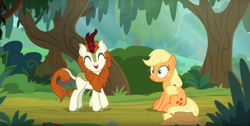 Size: 1315x661 | Tagged: safe, imported from derpibooru, screencap, applejack, autumn blaze, earth pony, kirin, pony, sounds of silence, awwtumn blaze, cloven hooves, cowboy hat, cute, duo, female, forest, hat, mare