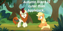 Size: 1315x661 | Tagged: safe, edit, edited screencap, imported from derpibooru, screencap, applejack, autumn blaze, kirin, sounds of silence, awwtumn blaze, cute, truth