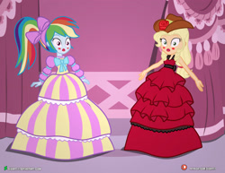 Size: 4000x3090 | Tagged: safe, artist:dieart77, imported from derpibooru, applejack, rainbow dash, equestria girls, alternate hairstyle, and then there's rarity, applejack also dresses in style, blushing, carousel boutique, clothes, cowboy hat, dress, elegant, feminization, forced makeover, frozen, hat, implied rarity, makeup, model, modeling, prank, rainbow dash always dresses in style, stetson, story included, tomboy taming