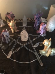 Size: 4032x3024 | Tagged: safe, imported from derpibooru, applejack, fluttershy, pinkie pie, rarity, twilight sparkle, twilight sparkle (alicorn), alicorn, altar, brushable, crystal, female, irl, pagan, pentagram, photo, pirate twilight, ritual, toy, wicca