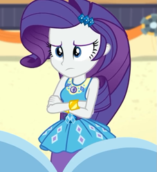 Size: 573x630 | Tagged: safe, imported from derpibooru, screencap, rarity, equestria girls, equestria girls series, rollercoaster of friendship, bracelet, clothes, cropped, crossed arms, female, geode of shielding, jewelry, rarity is not amused, rarity peplum dress, skirt, unamused