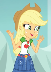 Size: 493x693 | Tagged: safe, imported from derpibooru, screencap, applejack, equestria girls, equestria girls series, rollercoaster of friendship, applejack's hat, belt, clothes, cowboy hat, cropped, denim skirt, female, freckles, geode of super strength, hands in the air, hat, skirt, stetson