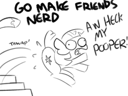 Size: 1280x960 | Tagged: safe, artist:tjpones, imported from derpibooru, princess celestia, twilight sparkle, alicorn, pony, unicorn, sparkles! the wonder horse!, abuse, black and white, dialogue, disembodied hoof, female, grayscale, heck, hoof shoes, kick in the butt, kicking, lineart, literal butthurt, make some friends, mare, monochrome, nerd, offscreen character, onomatopoeia, pain, simple background, sketch, spanking, speech, twilybuse, unicorn twilight, wat, white background