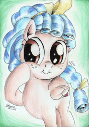 Size: 1656x2335 | Tagged: safe, artist:3500joel, imported from derpibooru, cozy glow, pegasus, pony, female, filly, smiling, solo, traditional art