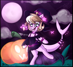 Size: 1280x1178 | Tagged: safe, artist:ashee, imported from derpibooru, oc, oc only, oc:ashee, monster pony, original species, shark, shark pony, belt, cape, clothes, dress, halloween, halloween costume, holiday, jack-o-lantern, monster mare, moon, owo, pumpkin, solo, witch