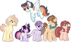 Size: 2196x1315 | Tagged: safe, artist:moon-rose-rosie, imported from derpibooru, oc, oc only, oc:celestial moon, oc:chocolate sprinkles, oc:crystal flame, oc:golden apple, oc:magnolia, oc:shining ray, dracony, earth pony, hybrid, pegasus, pony, unicorn, female, interspecies offspring, magical lesbian spawn, male, mare, offspring, parent:applejack, parent:bulk biceps, parent:caramel, parent:cheese sandwich, parent:fluttershy, parent:pinkie pie, parent:rainbow dash, parent:rarity, parent:soarin', parent:spike, parent:spitfire, parent:twilight sparkle, parents:carajack, parents:cheesepie, parents:flutterbulk, parents:soarinfire, parents:sparity, parents:twidash, simple background, size difference, stallion, transparent background