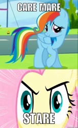 Size: 610x1000 | Tagged: safe, edit, edited screencap, imported from derpibooru, screencap, fluttershy, rainbow dash, bats!, newbie dash, season 4, season 6, care bear stare, care bears, care mare, comic, image macro, meme, pun, rhyme, screencap comic, stare, text, the stare