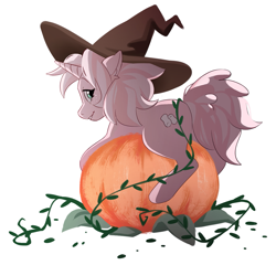 Size: 1219x1172 | Tagged: safe, artist:pachadraws, imported from derpibooru, oc, oc only, oc:marshmallow fluff, pony, hat, nightmare night, pumpkin, solo, witch hat