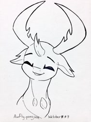 Size: 960x1280 | Tagged: dead source, safe, artist:airfly-pony, imported from derpibooru, thorax, changedling, changeling, bust, cute, eyes closed, happy, ink, inktober, inktober 2018, king thorax, lineart, male, portrait, rcf community, smiling, solo, thorabetes