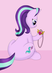 Size: 1241x1754 | Tagged: safe, artist:noosa, imported from derpibooru, starlight glimmer, pony, unicorn, equestrian pink heart of courage, female, mare, simple background, sitting, smiling, solo