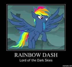 Size: 885x821 | Tagged: safe, edit, edited screencap, imported from derpibooru, screencap, rainbow dash, pegasus, pony, cartoon horse program, secrets and pies, cloud, cloudy, cropped, demotivational poster, evil pie hater dash, evil rainbow dash, female, meme, overcast, solo