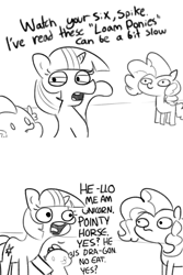 Size: 1280x1920 | Tagged: safe, artist:tjpones, imported from derpibooru, pinkie pie, spike, twilight sparkle, dragon, earth pony, pony, unicorn, sparkles! the wonder horse!, friendship is magic, black and white, comic, dialogue, eye contact, female, frown, grayscale, lidded eyes, lineart, looking at each other, male, mare, monochrome, mud pony, no pupils, open mouth, pointing, pony racism, racism, raised hoof, scene interpretation, simple background, smiling, text, trio, twibitch sparkle, unicorn twilight, white background, wide eyes, woonoggles