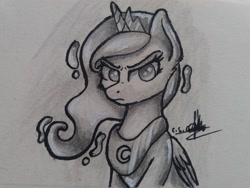 Size: 4128x3096 | Tagged: safe, artist:ironbeastz, imported from derpibooru, princess luna, pony, bust, female, monochrome, portrait, solo, traditional art